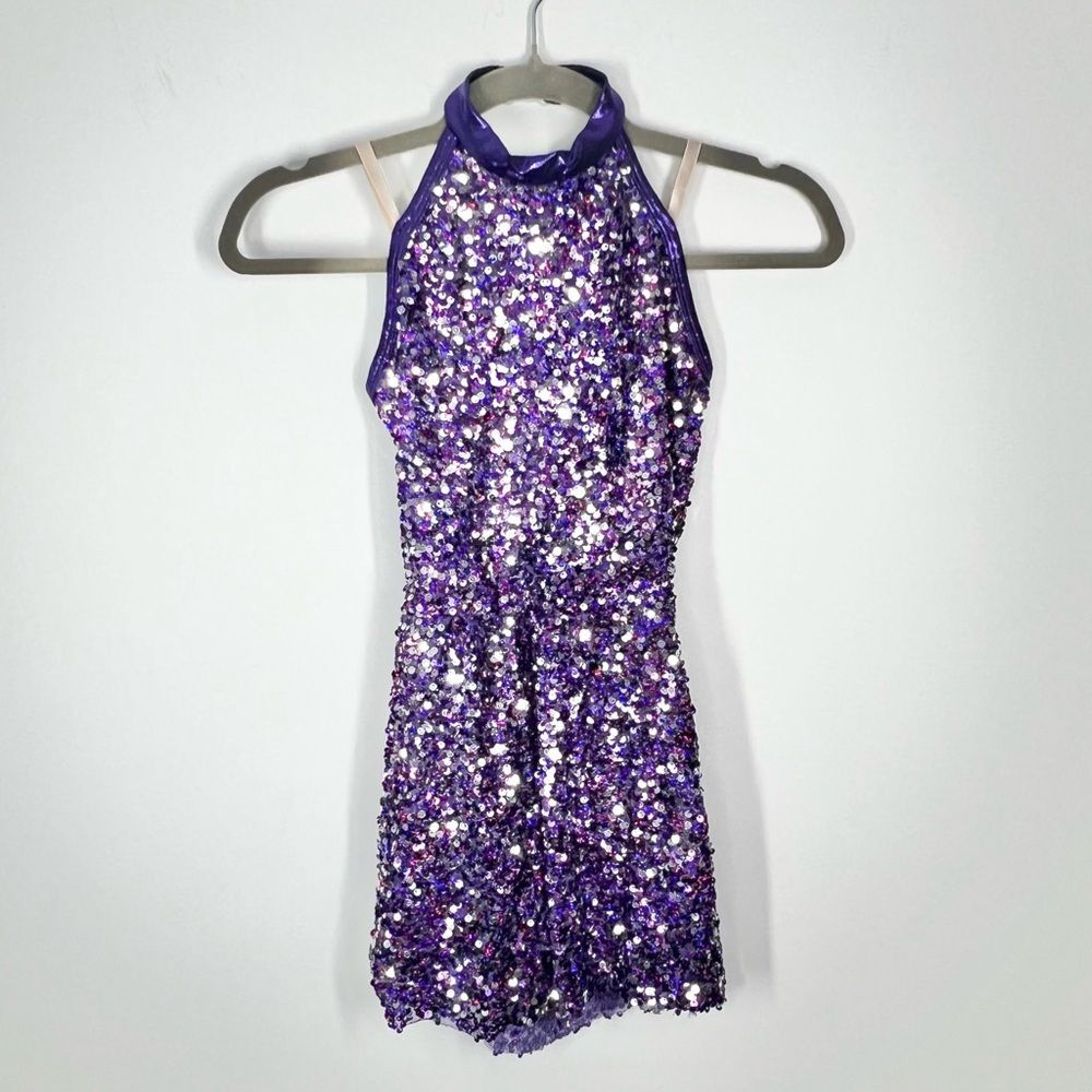 Curtain Call Purple Silver Sequin Halter Neck Open Back Dance Dress Child Large